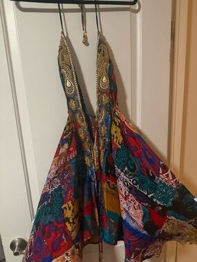 12th Tribe Multicolor Backless Halter Dress with Gold Accents